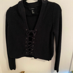 𝅺FOREVER 21 Lace Up Front Knit Sweater in Black • sz Small S